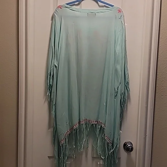 Embroidered Seafoam Swimsuit Coverup With Fringed Hem Pink And Coral One Size - Picture 6 of 10
